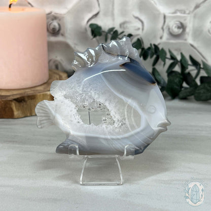 Hand Carved Agate Fish Carving with Display Stand