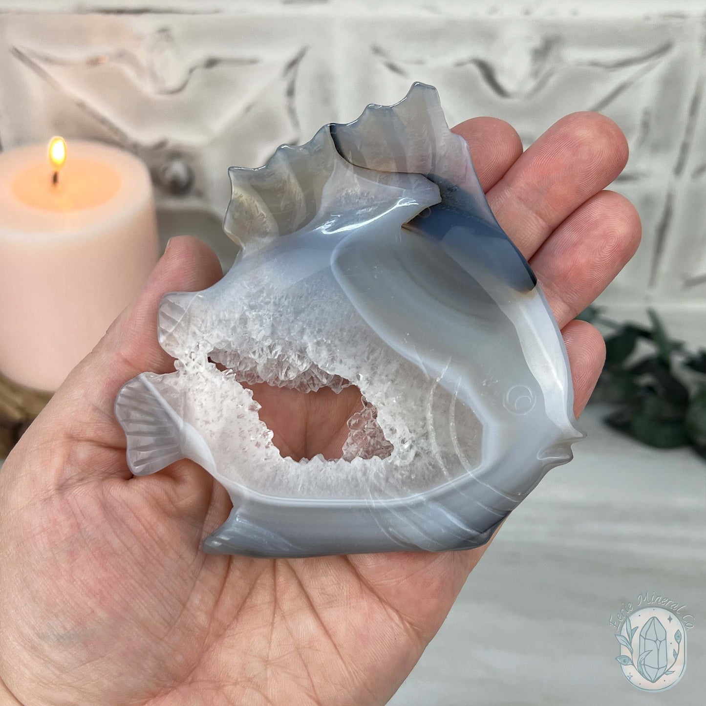 Hand Carved Agate Fish Carving with Display Stand