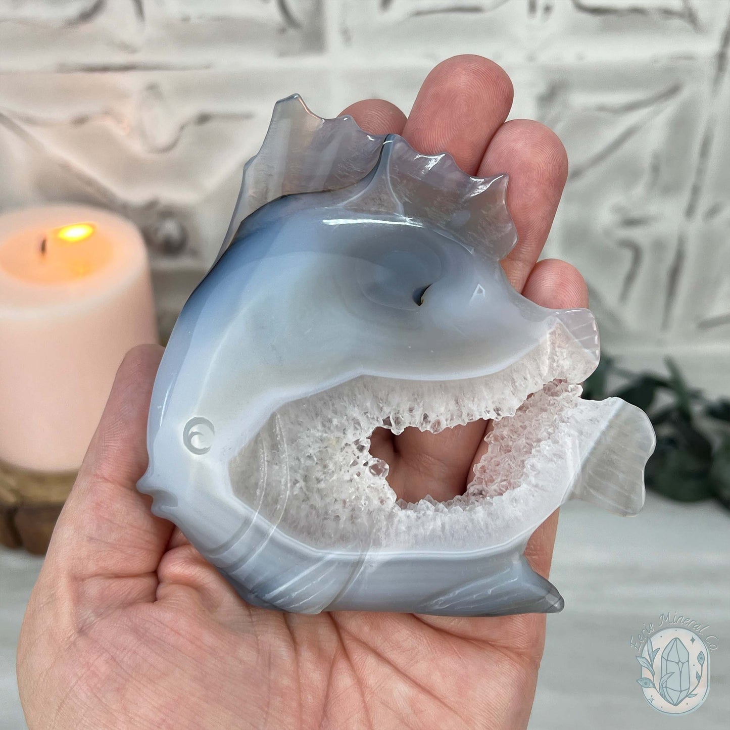 Hand Carved Agate Fish Carving with Display Stand