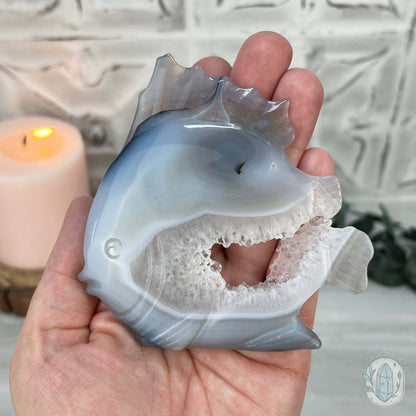 Hand Carved Agate Fish Carving with Display Stand