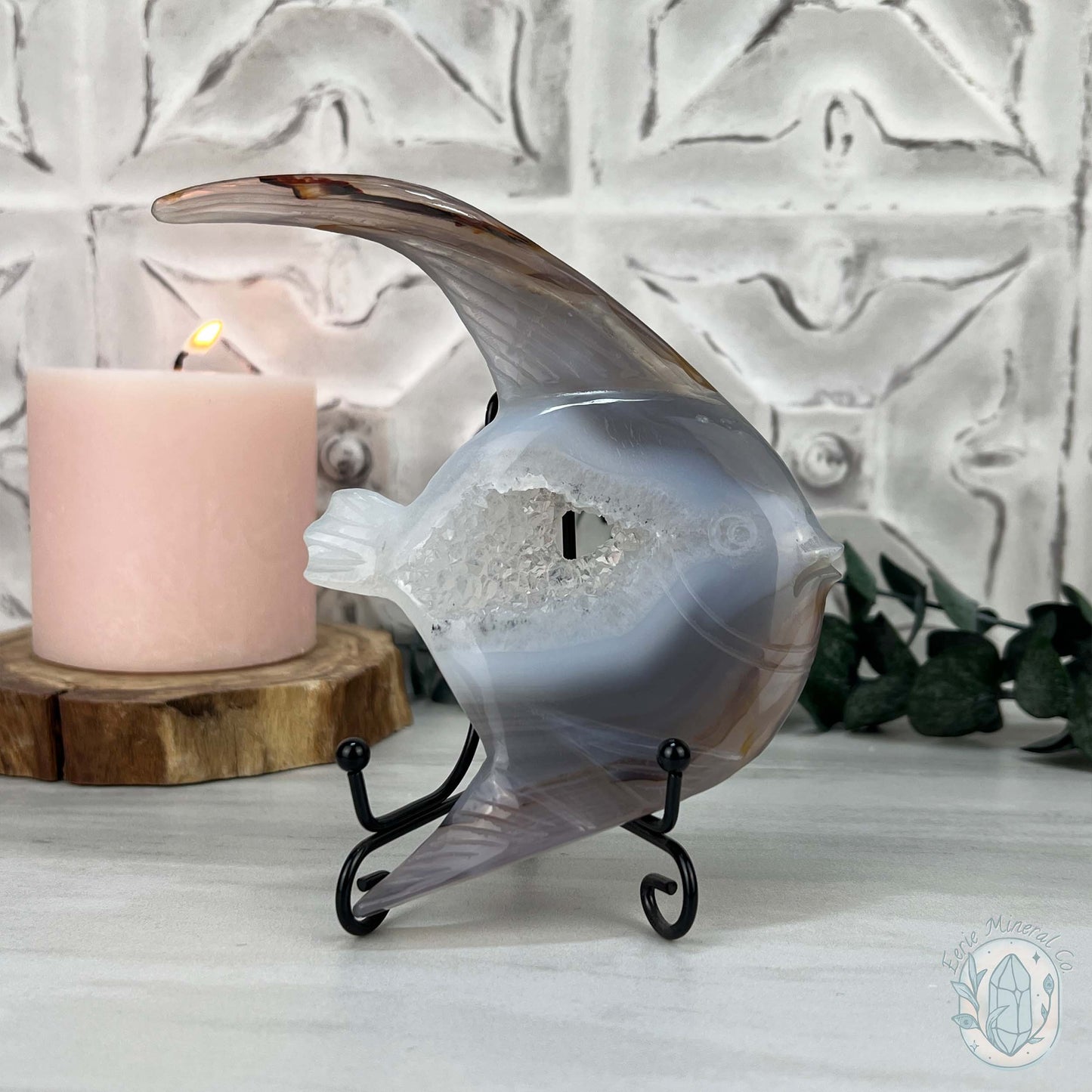 Hand Carved Agate Fish Carving with Display Stand