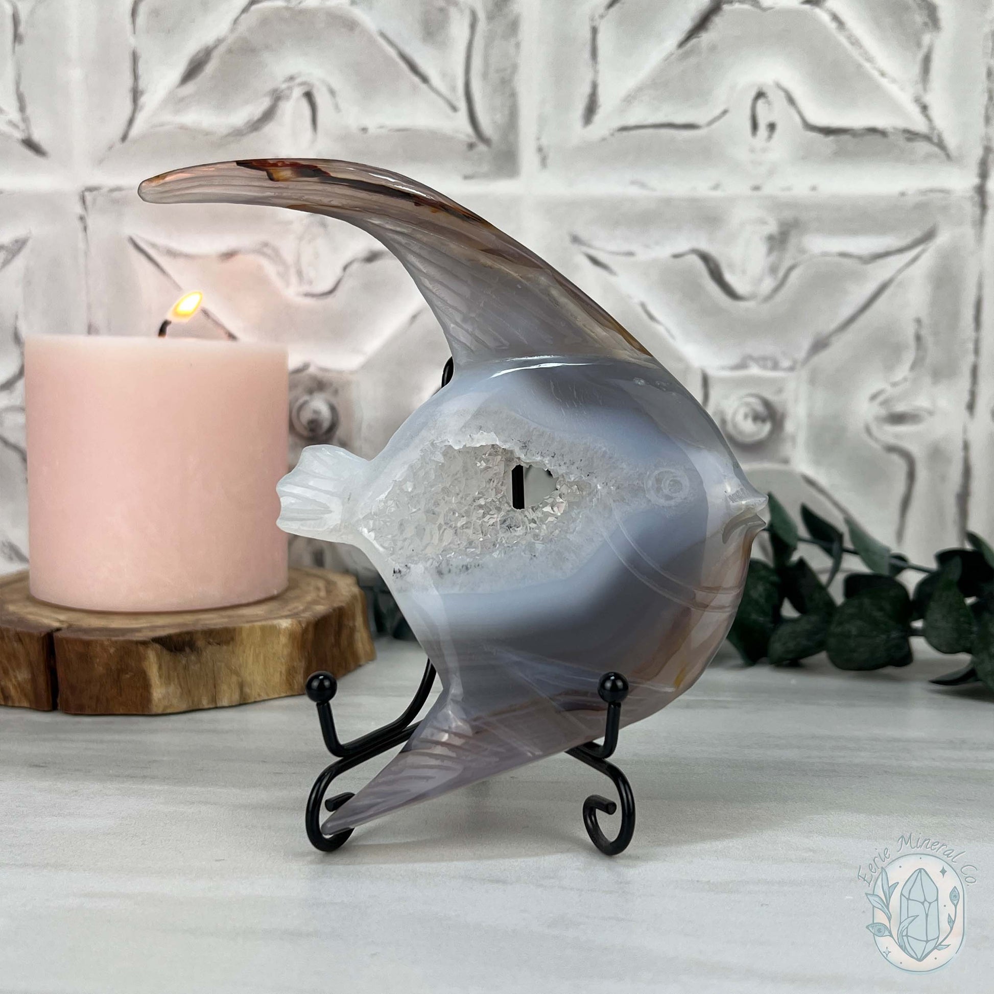Hand Carved Agate Fish Carving with Display Stand