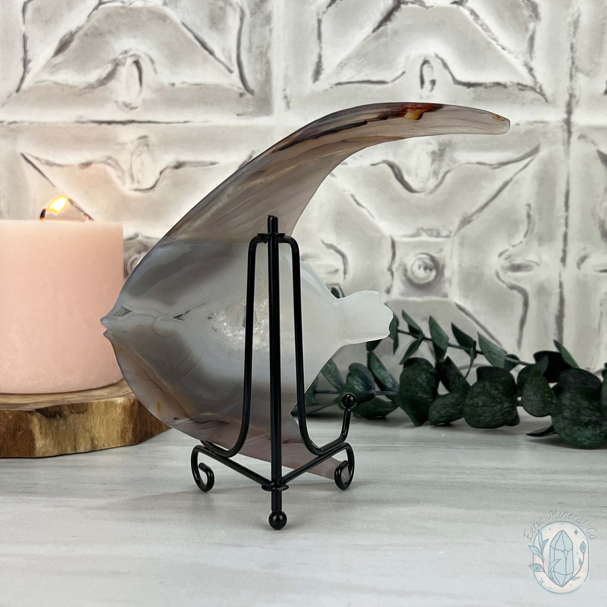 Hand Carved Agate Fish Carving with Display Stand