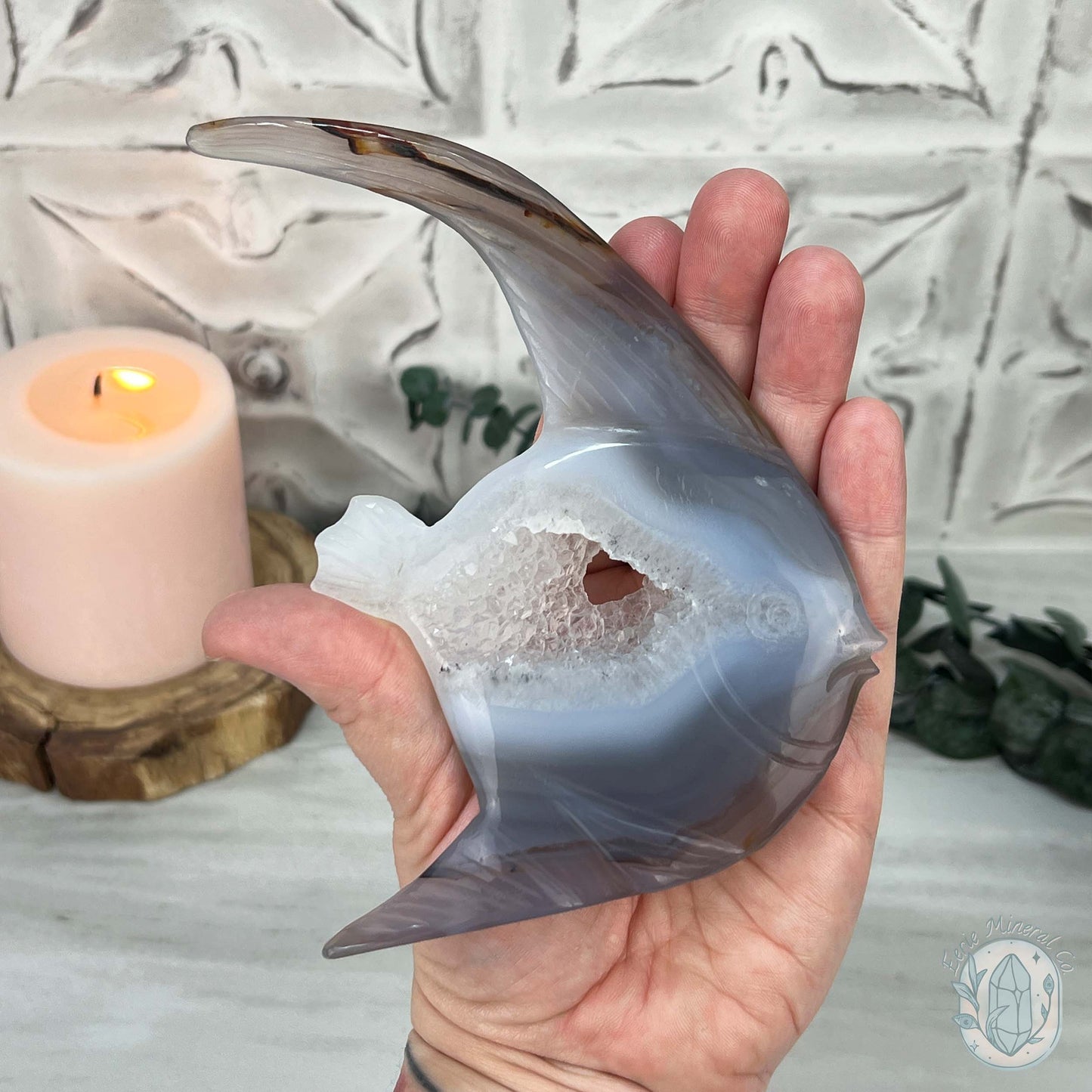 Hand Carved Agate Fish Carving with Display Stand