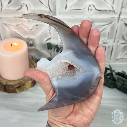 Hand Carved Agate Fish Carving with Display Stand