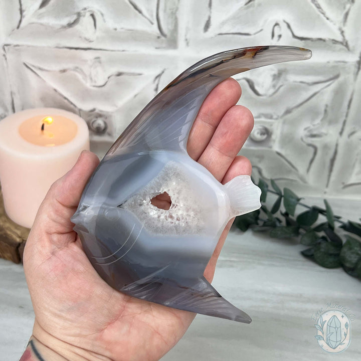 Hand Carved Agate Fish Carving with Display Stand