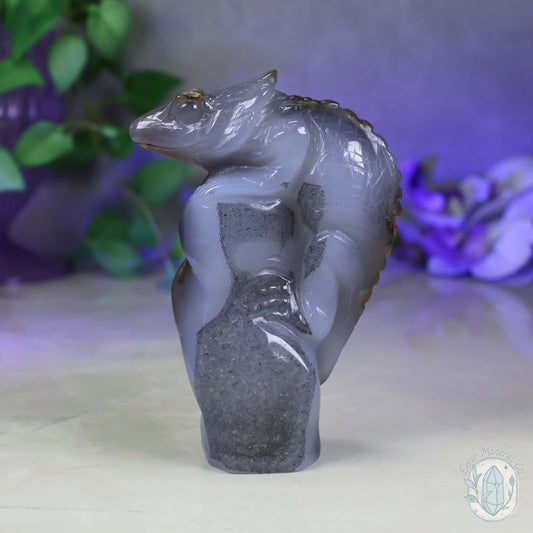 Polished Agate Lizard Perched on Rock Carving