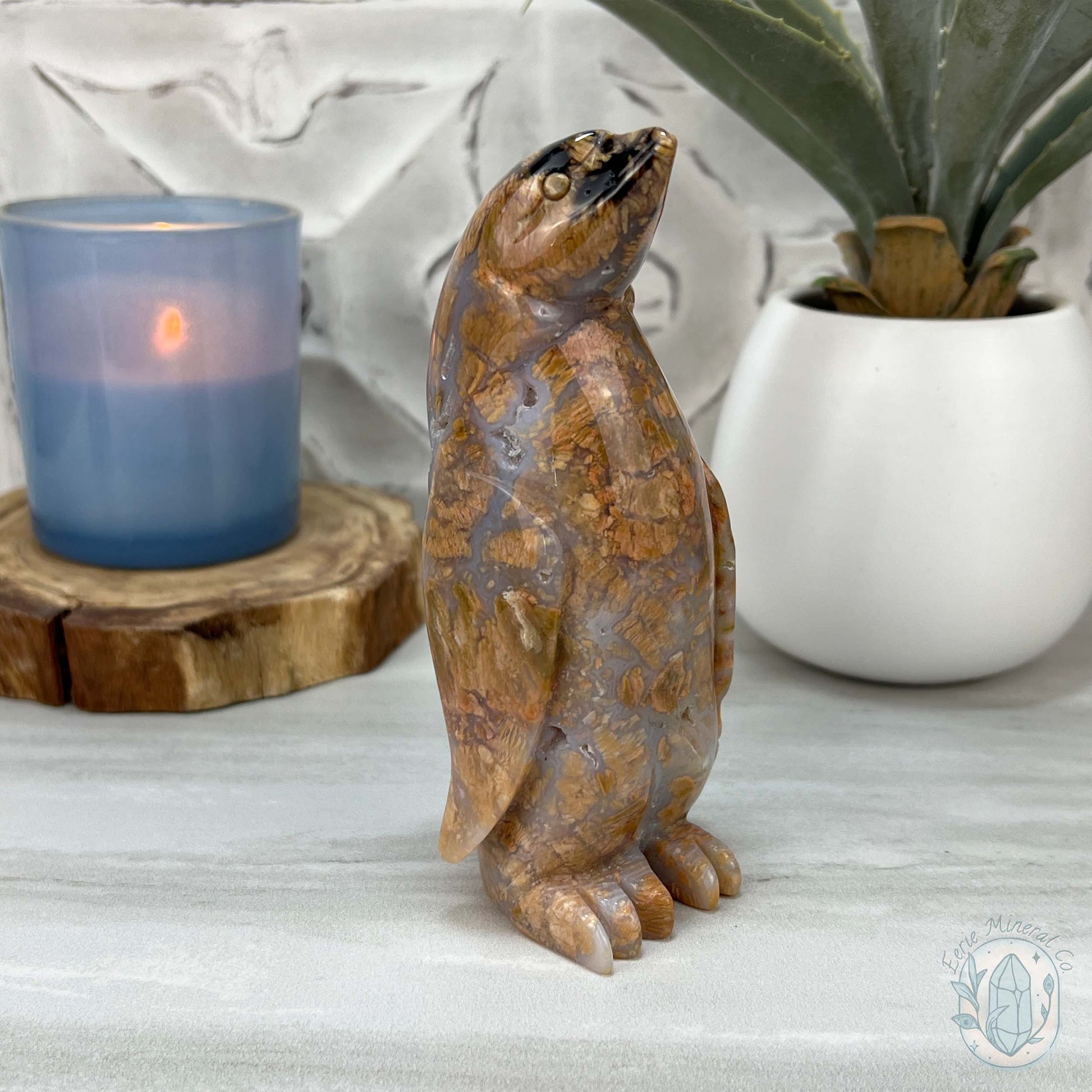 Polished Druzy Agate Standing Penguin Carving
