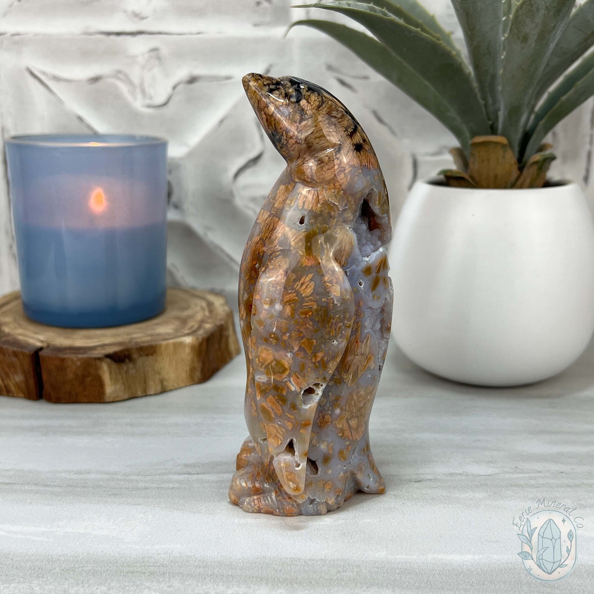 Polished Druzy Agate Standing Penguin Carving