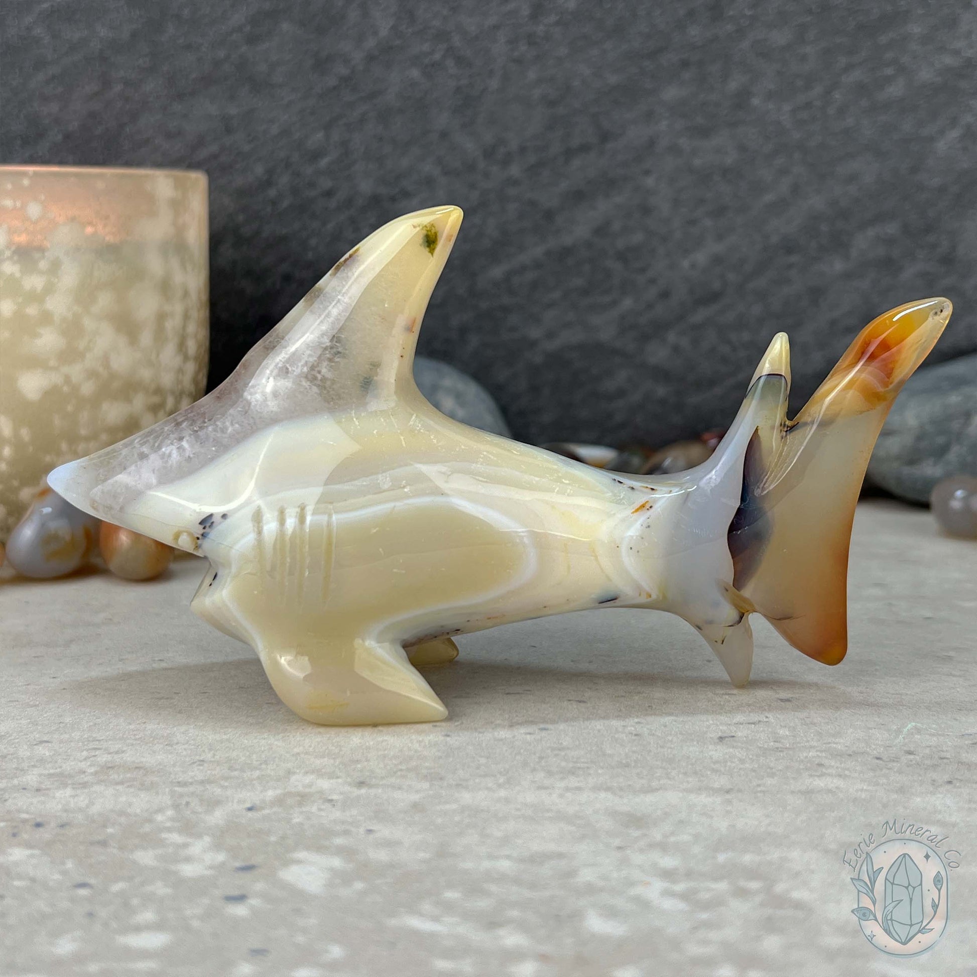 Layered Quartz Agate Great White Shark Carvingv
