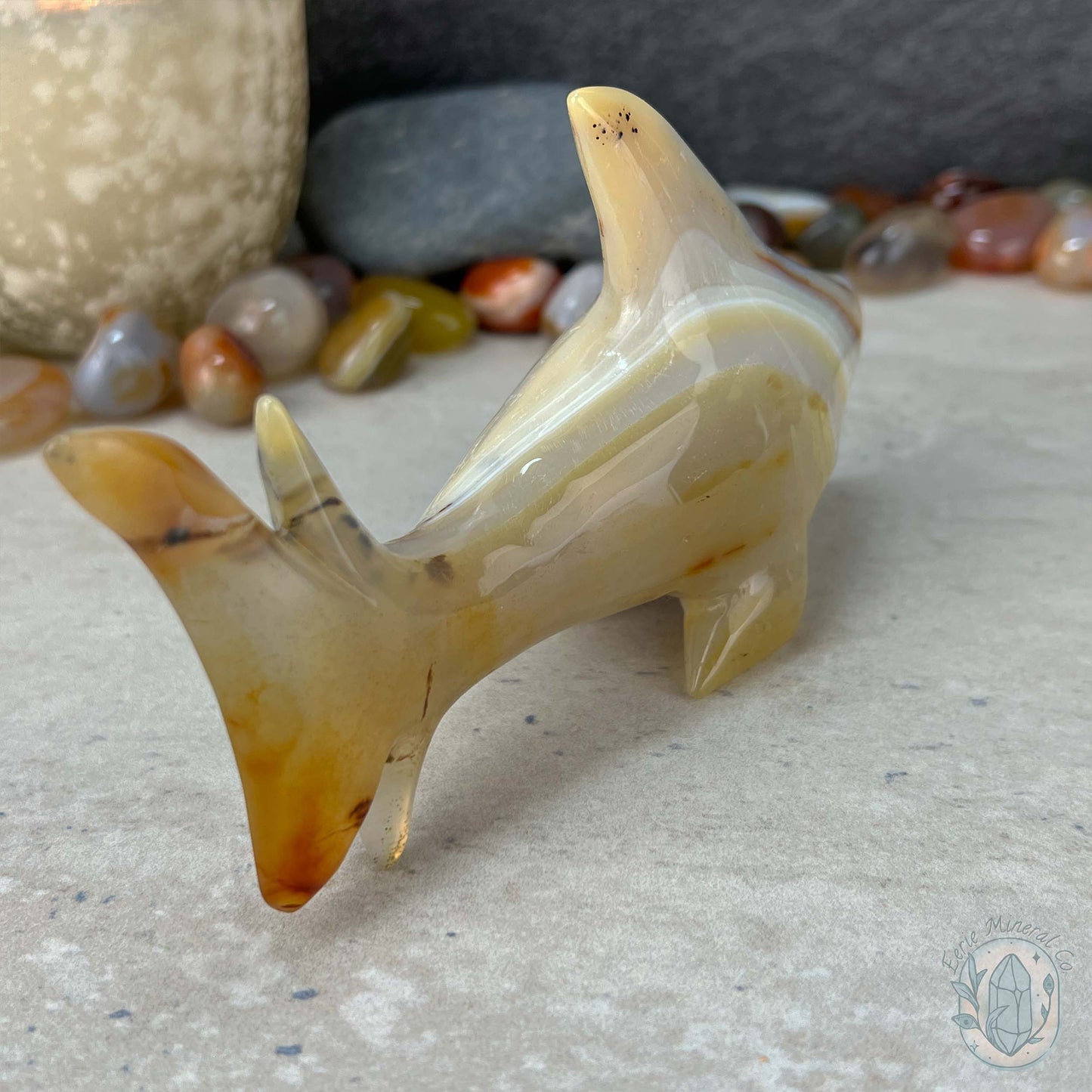 Layered Quartz Agate Great White Shark Carving