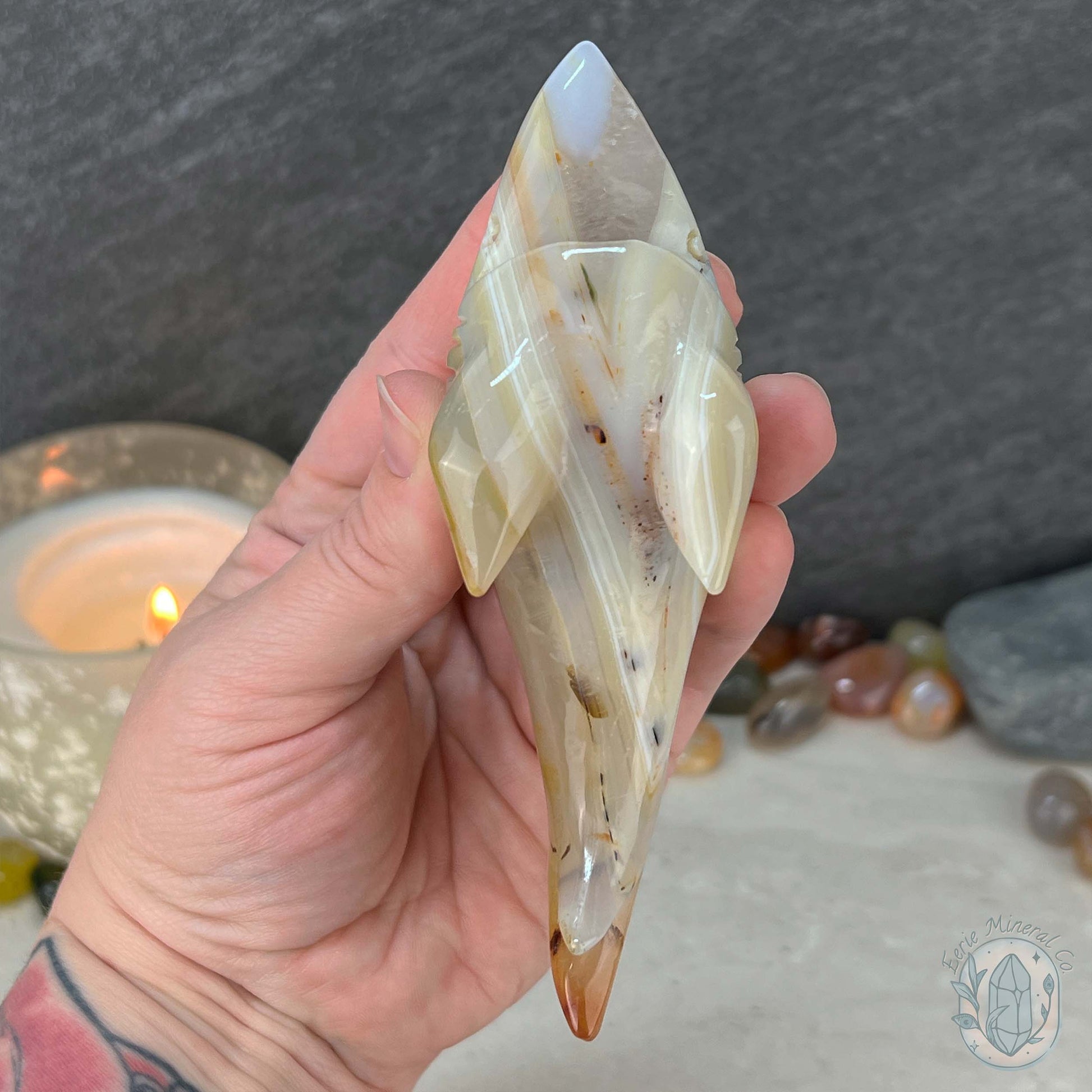 Layered Quartz Agate Great White Shark Carving