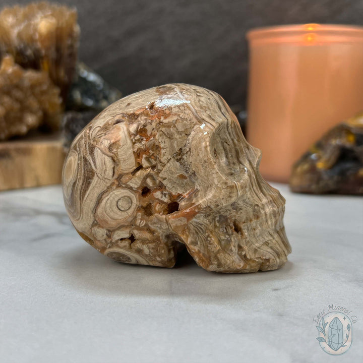 Druzy Amber Calcite Skull Carving