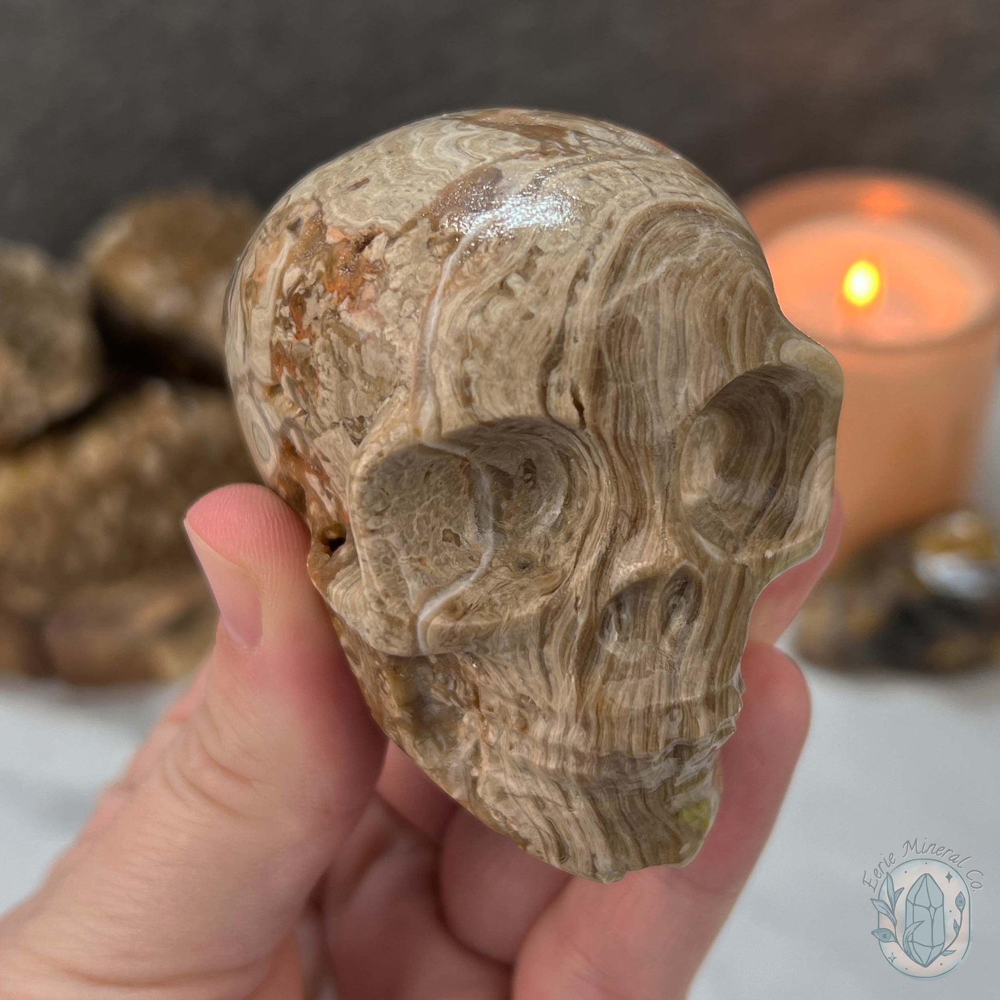 Druzy Amber Calcite Skull Carving