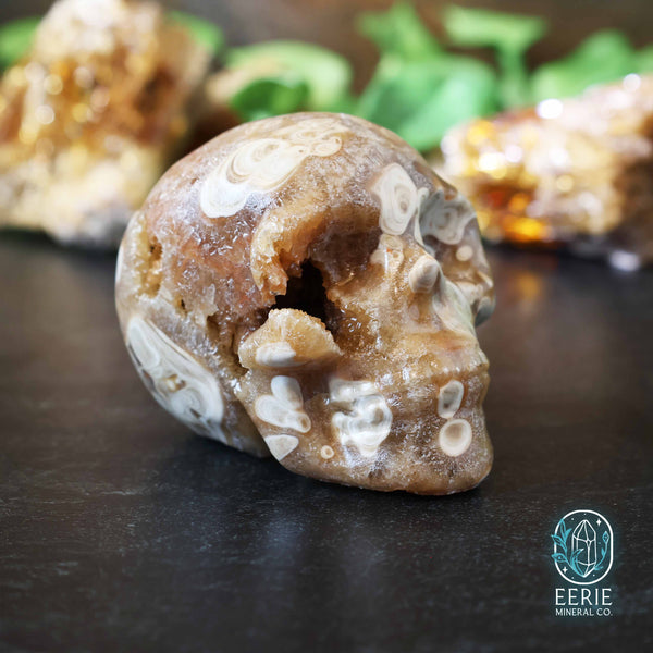 Golden Druzy Amber Calcite Skull Carving