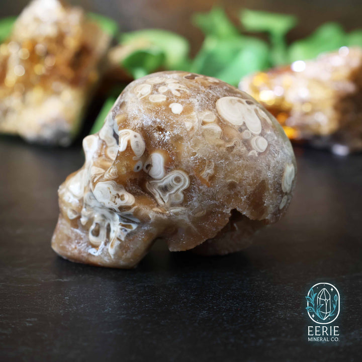 Golden Druzy Amber Calcite Skull Carving