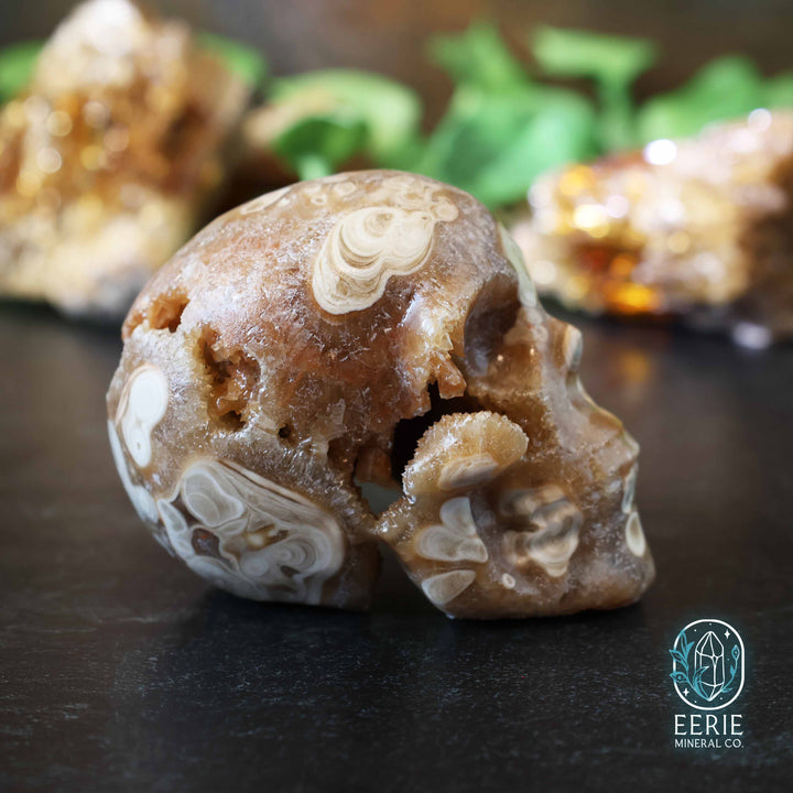 Golden Druzy Amber Calcite Skull Carving