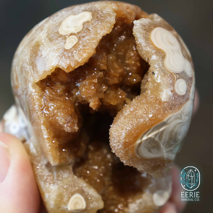 Golden Druzy Amber Calcite Skull Carving