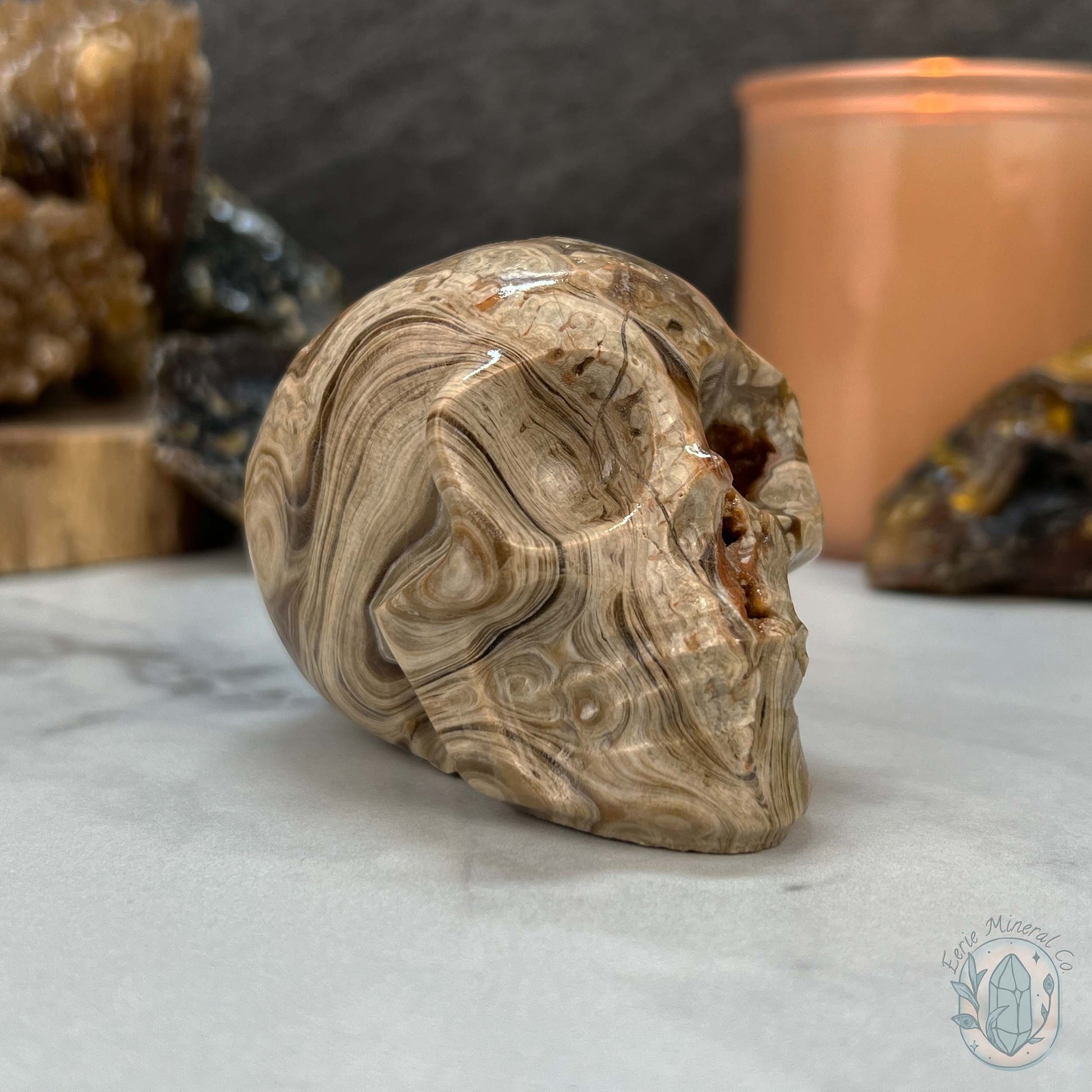 Druzy Amber Calcite Skull Carving