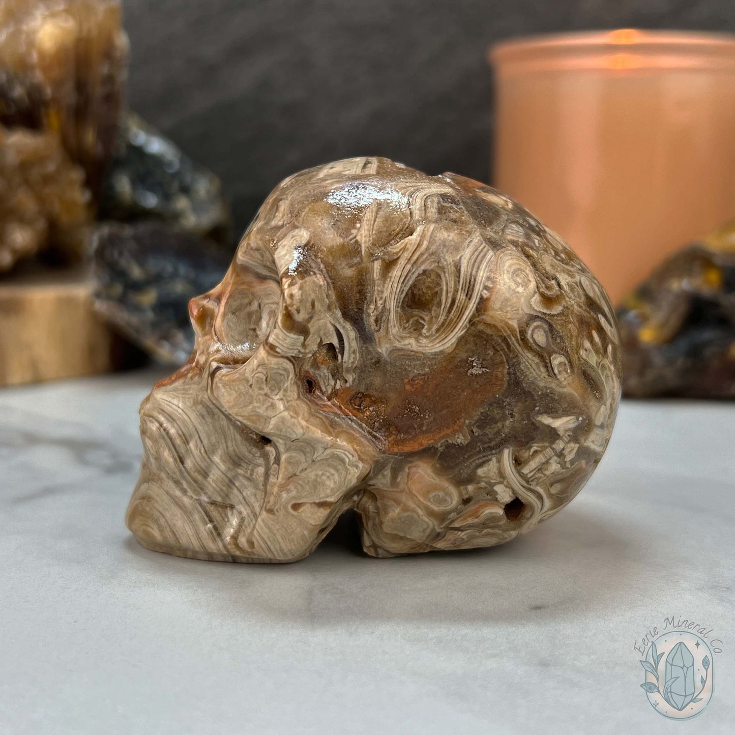 Druzy Amber Calcite Skull Carving