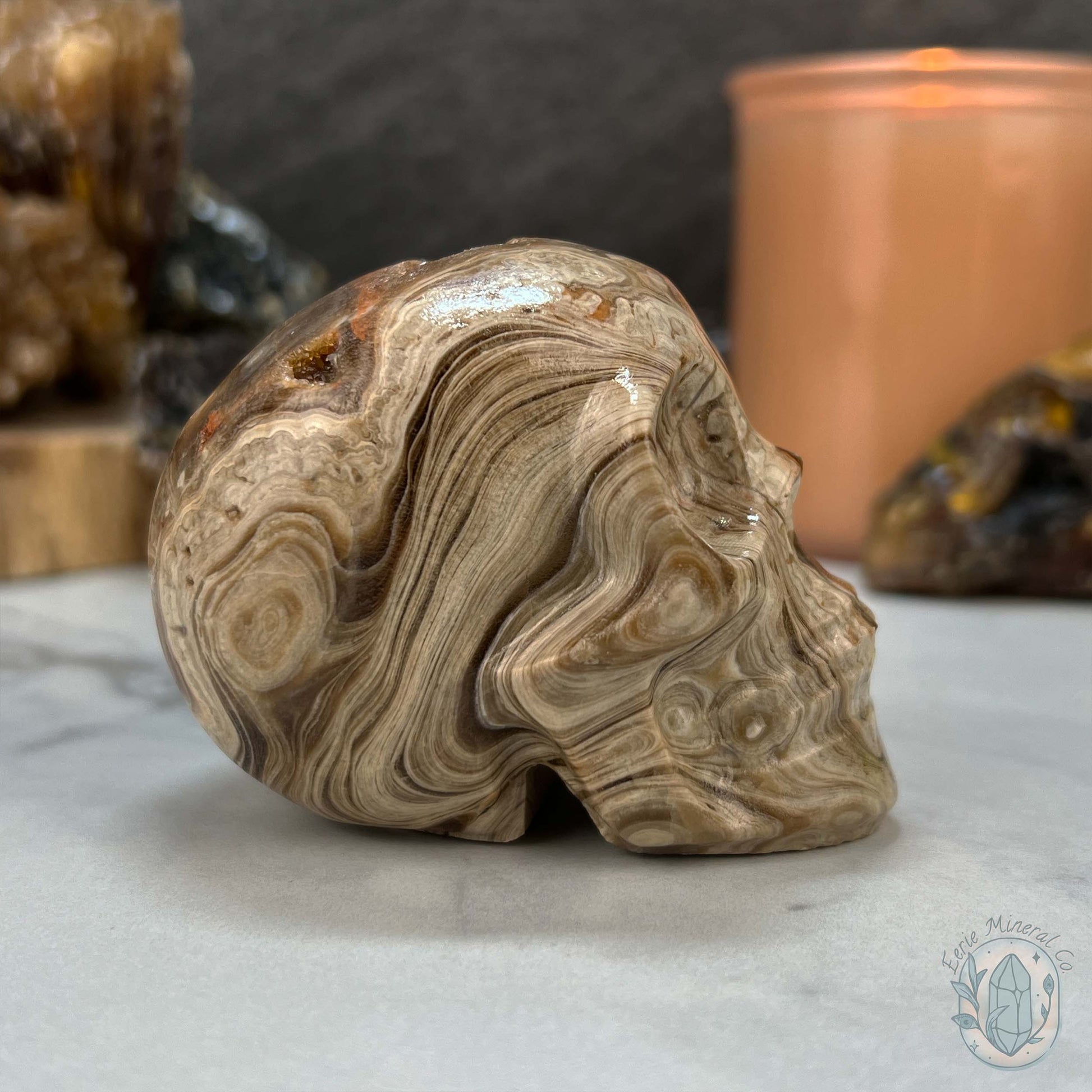 Druzy Amber Calcite Skull Carving