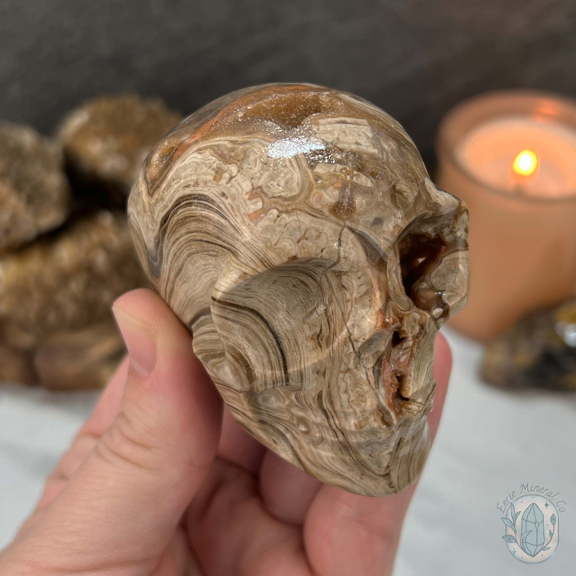 Druzy Amber Calcite Skull Carving