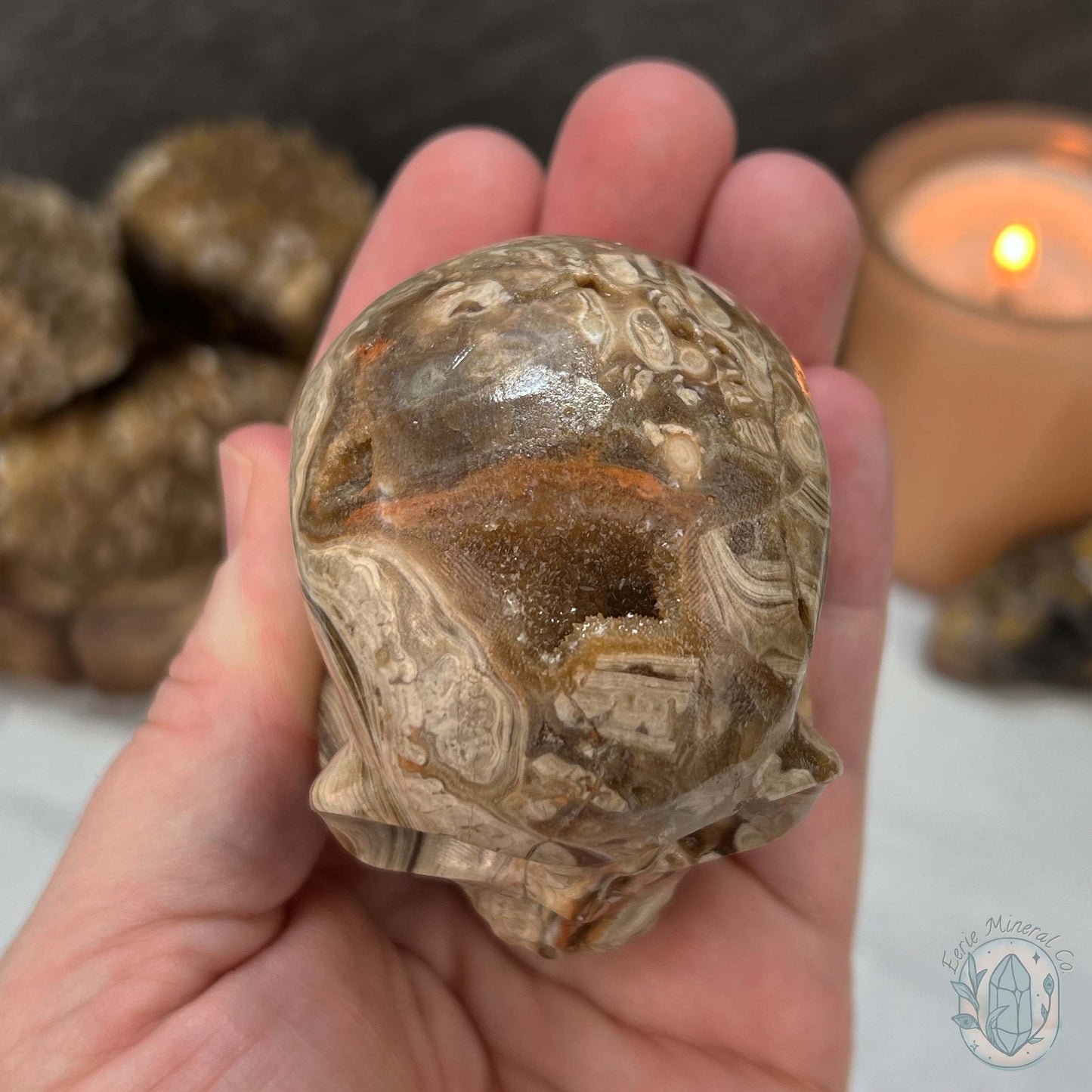 Druzy Amber Calcite Skull Carving