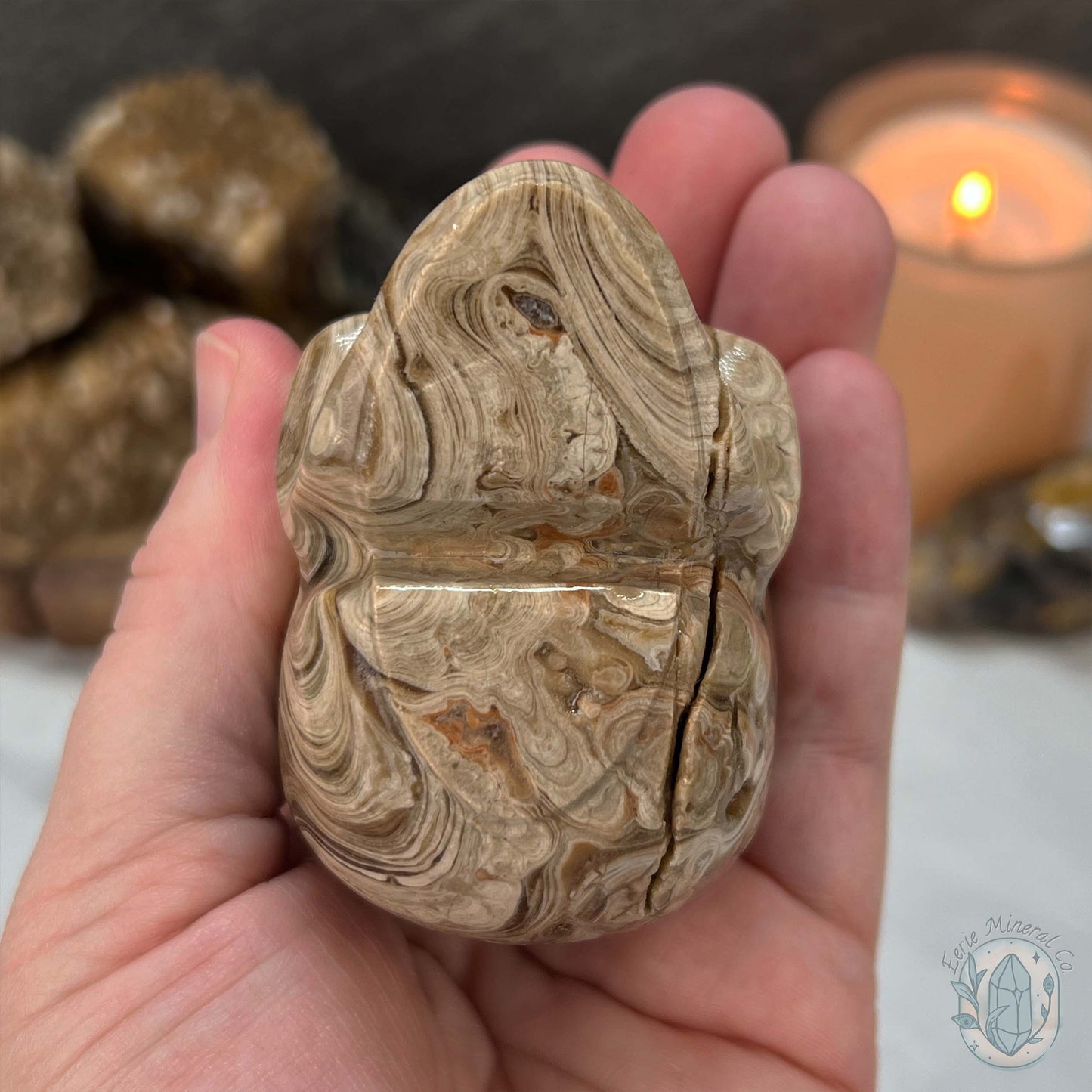 Druzy Amber Calcite Skull Carving