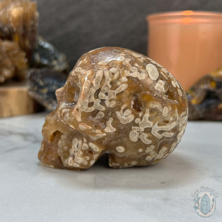 Polished Druzy Amber Calcite Skull Carving