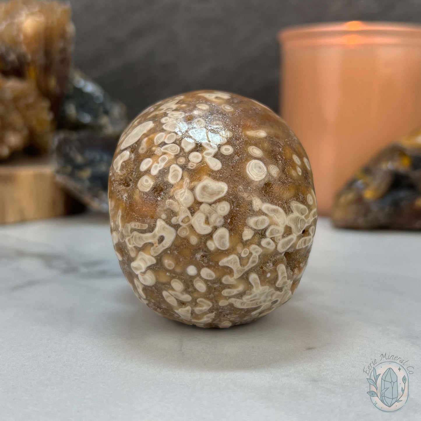 Polished Druzy Amber Calcite Skull Carving
