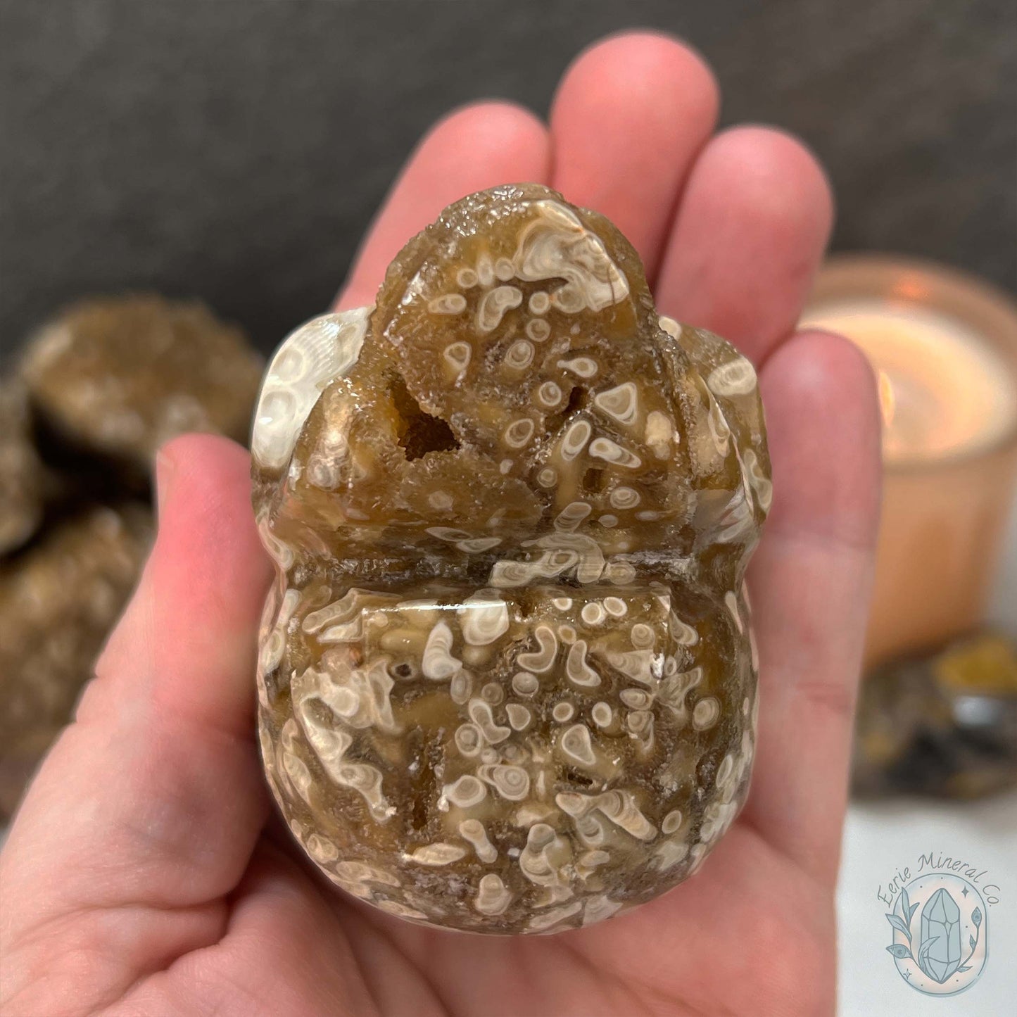 Polished Druzy Amber Calcite Skull Carving