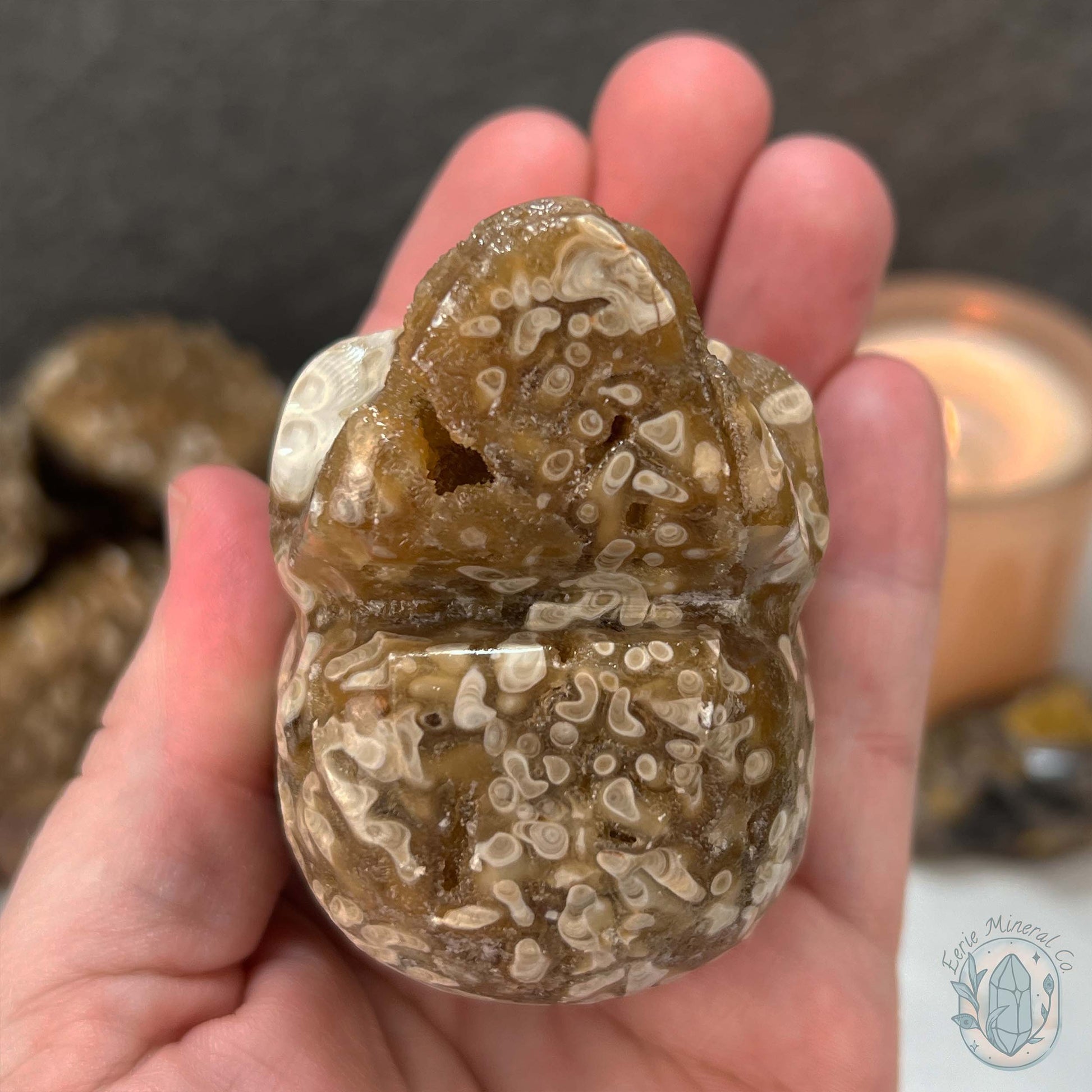 Polished Druzy Amber Calcite Skull Carving