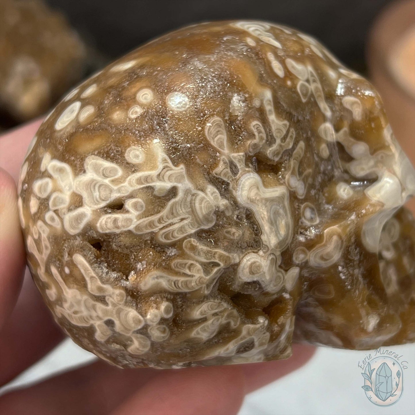 Polished Druzy Amber Calcite Skull Carving