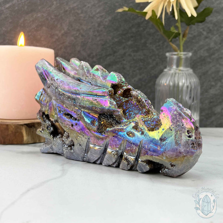 Rainbow Aura Sphalerite Dragon's Head Skull Carving