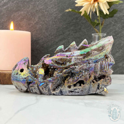 Rainbow Aura Sphalerite Dragon's Head Skull Carving