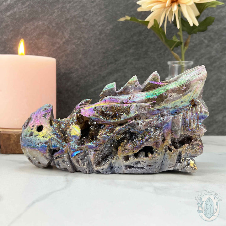 Rainbow Aura Sphalerite Dragon's Head Skull Carving