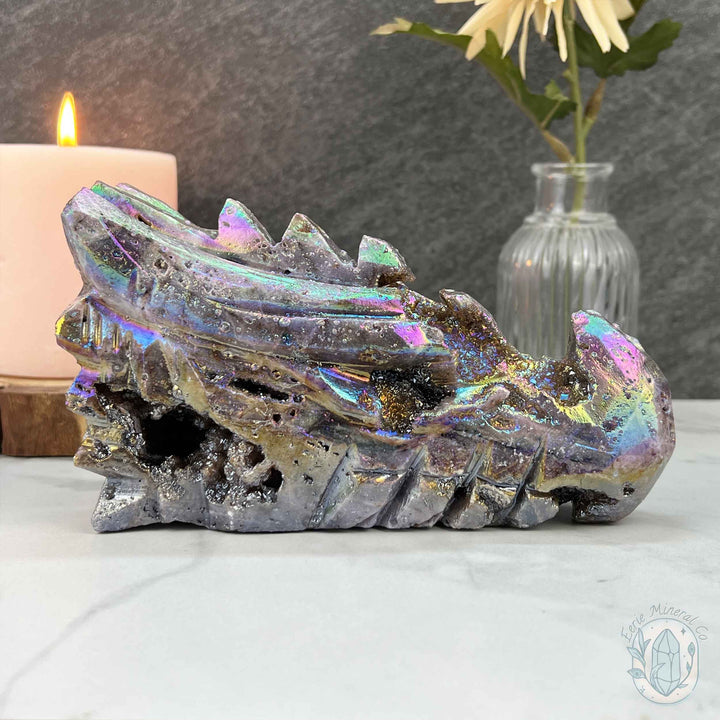 Rainbow Aura Sphalerite Dragon's Head Skull Carving