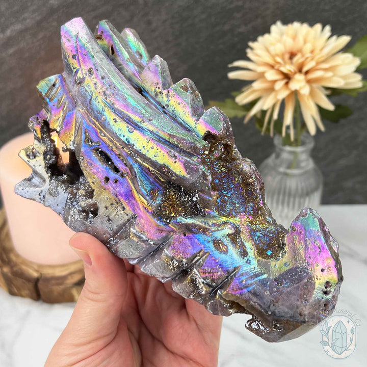 Rainbow Aura Sphalerite Dragon's Head Skull Carving