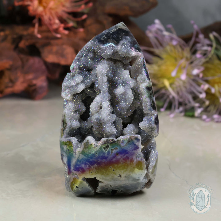 Rainbow Aura Sphalerite with Druzy Quartz Freeform