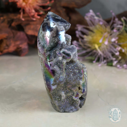 Rainbow Aura Sphalerite with Druzy Quartz Freeform
