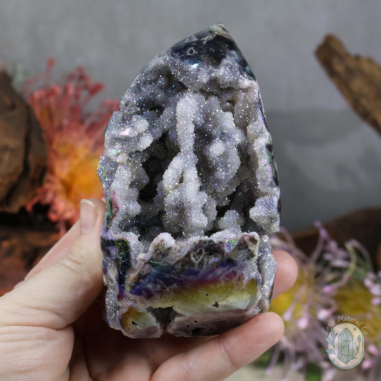 Rainbow Aura Sphalerite with Druzy Quartz Freeform
