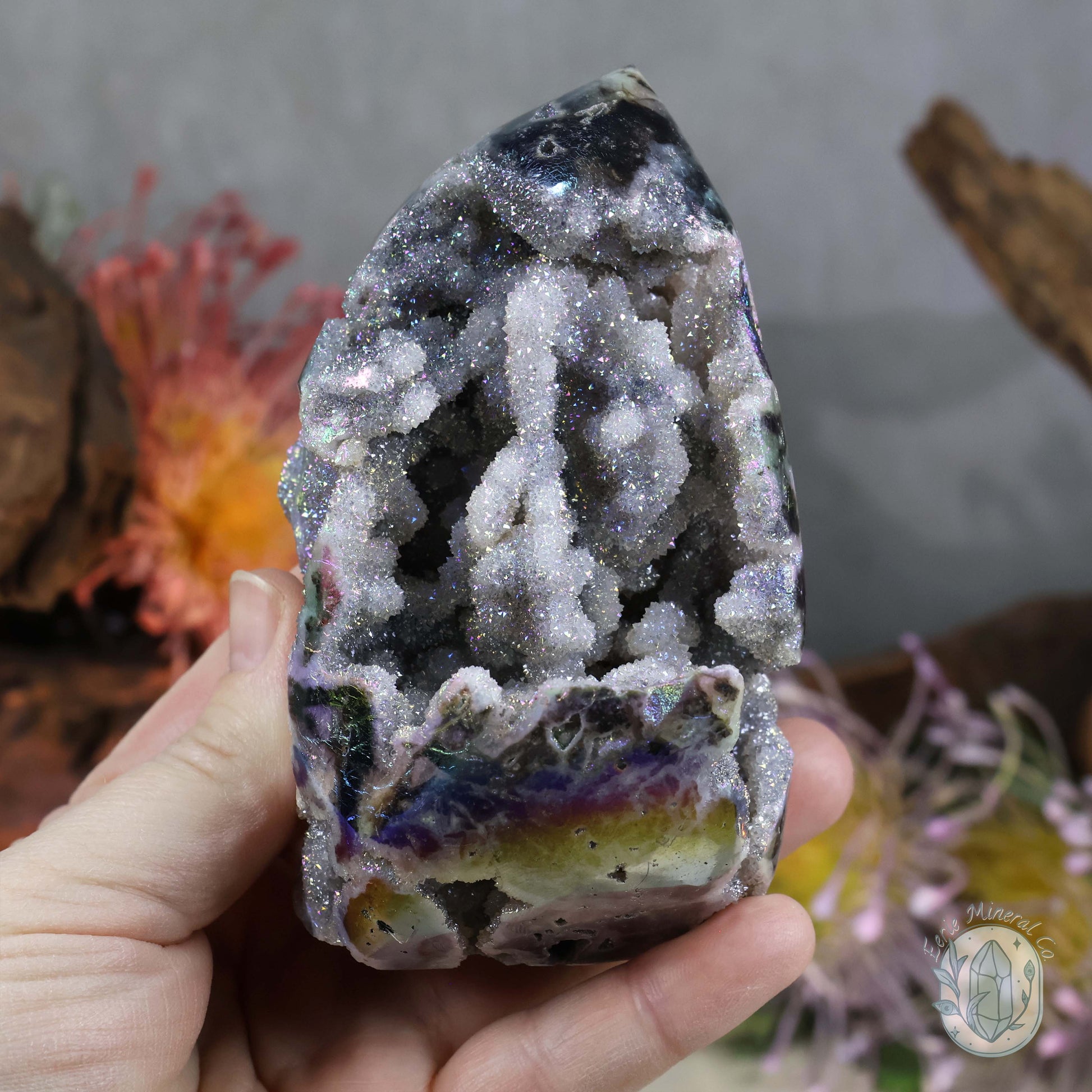 Rainbow Aura Sphalerite with Druzy Quartz Freeform