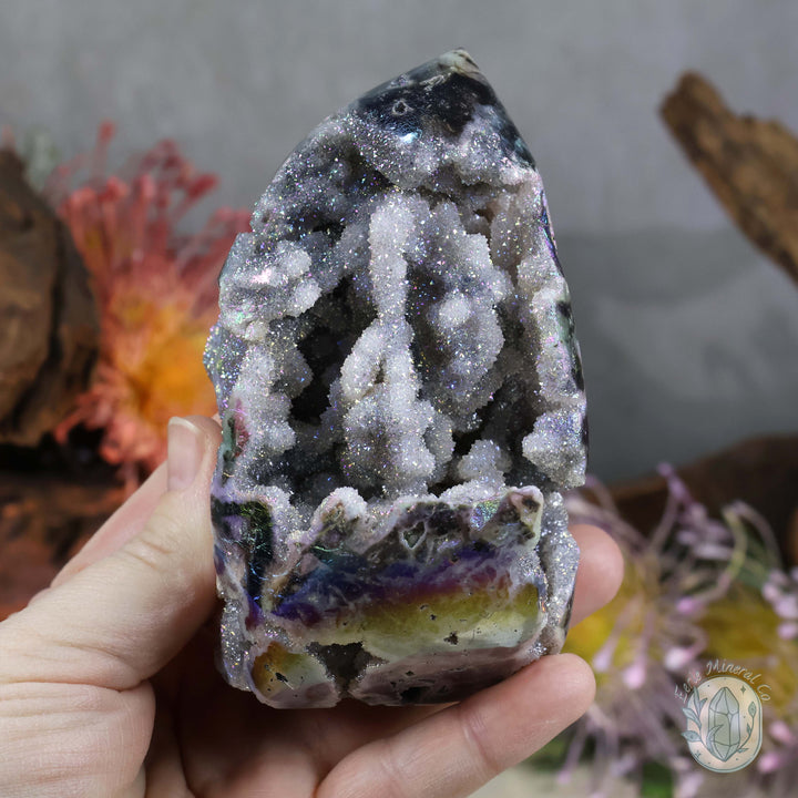 Rainbow Aura Sphalerite with Druzy Quartz Freeform