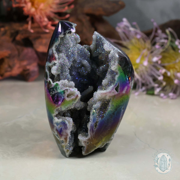 Rainbow Aura Sphalerite with Druzy Quartz Freeform