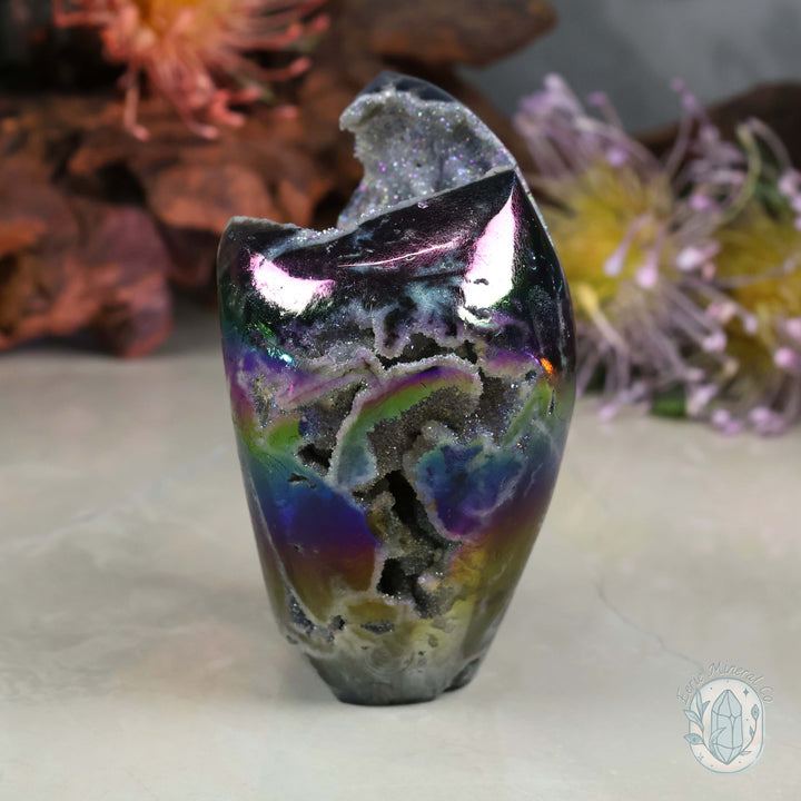 Rainbow Aura Sphalerite with Druzy Quartz Freeform