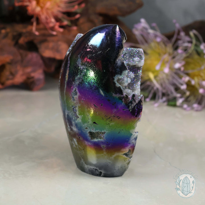 Rainbow Aura Sphalerite with Druzy Quartz Freeform