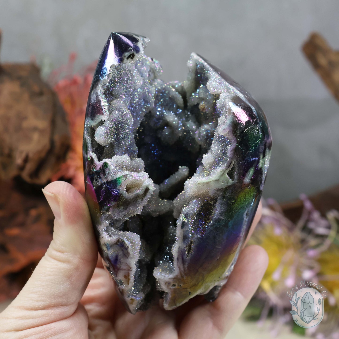 Rainbow Aura Sphalerite with Druzy Quartz Freeform