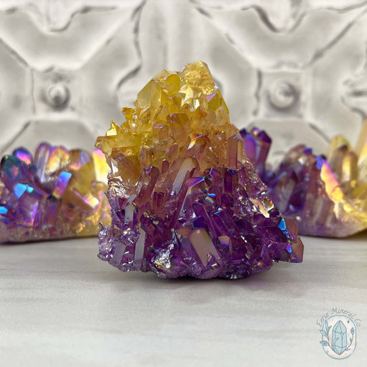 Purple & Yellow Aura Clear Quartz Crystal Clusters