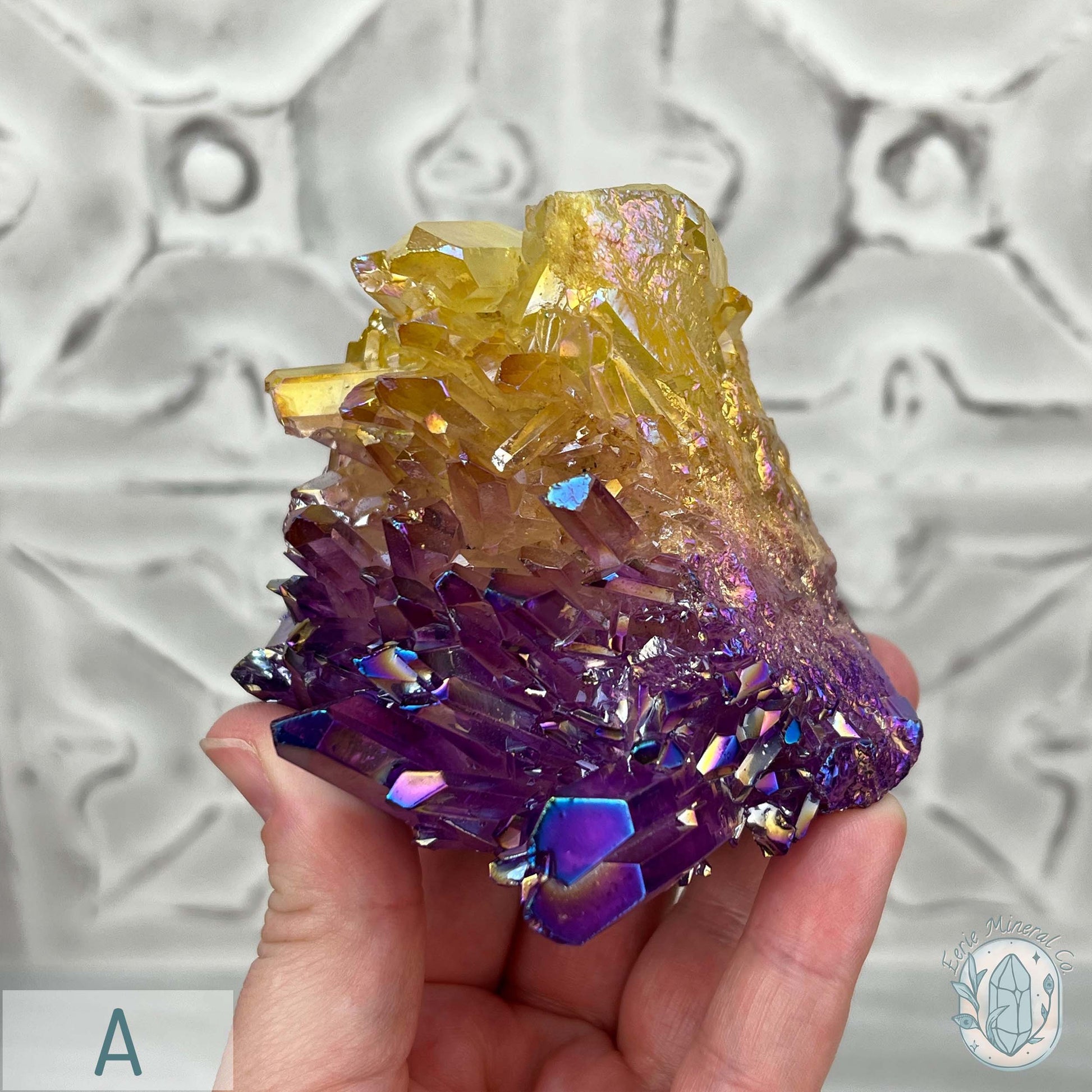 Purple & Yellow Aura Clear Quartz Crystal Clusters