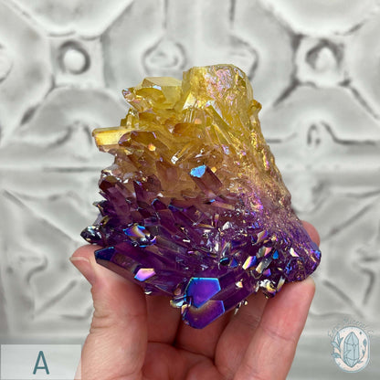 Purple & Yellow Aura Clear Quartz Crystal Clusters